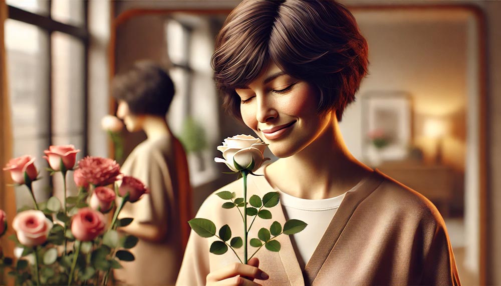 Femme brune d’environ 50 ans, les yeux fermés et sourire apaisé, sentant une rose dans son appartement. Cette femme symbolise la pensée positive et la gratitude nécessaires pour retrouver la motivation.