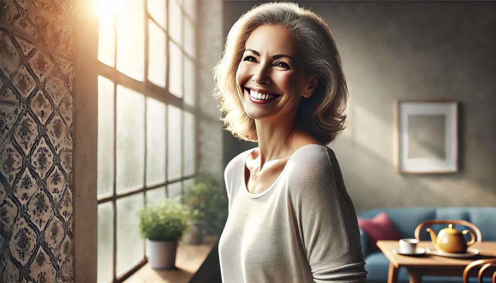 Femme de 55 ans ou plus, souriant joyeusement devant une fenêtre baignée de lumière naturelle, symbolisant les bénéfices de penser positivement et d'embrasser chaque journée avec optimisme.
