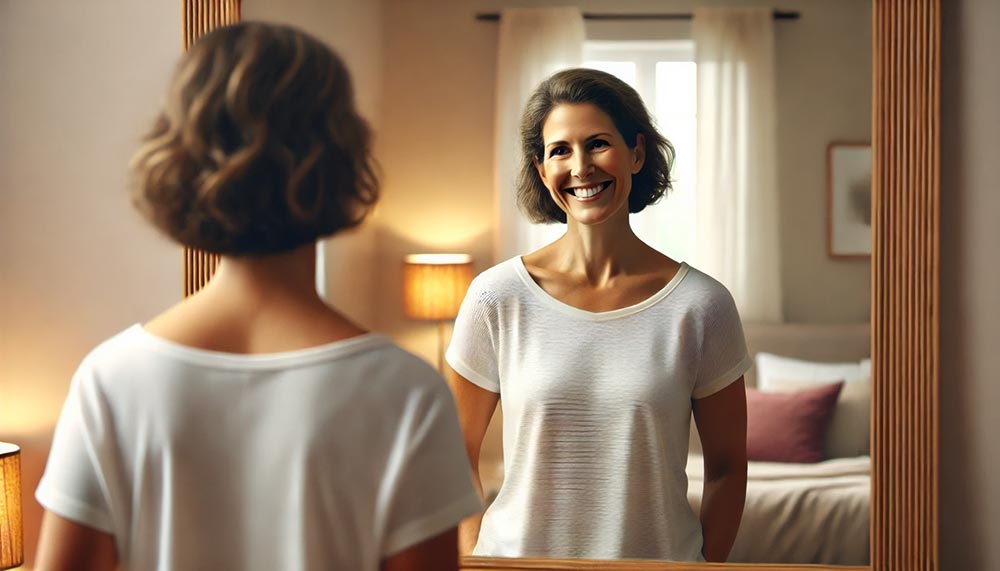 Femme de 45 ou 50 ans souriant devant son miroir, adoptant une posture droite pour renforcer son humeur et penser positivement.