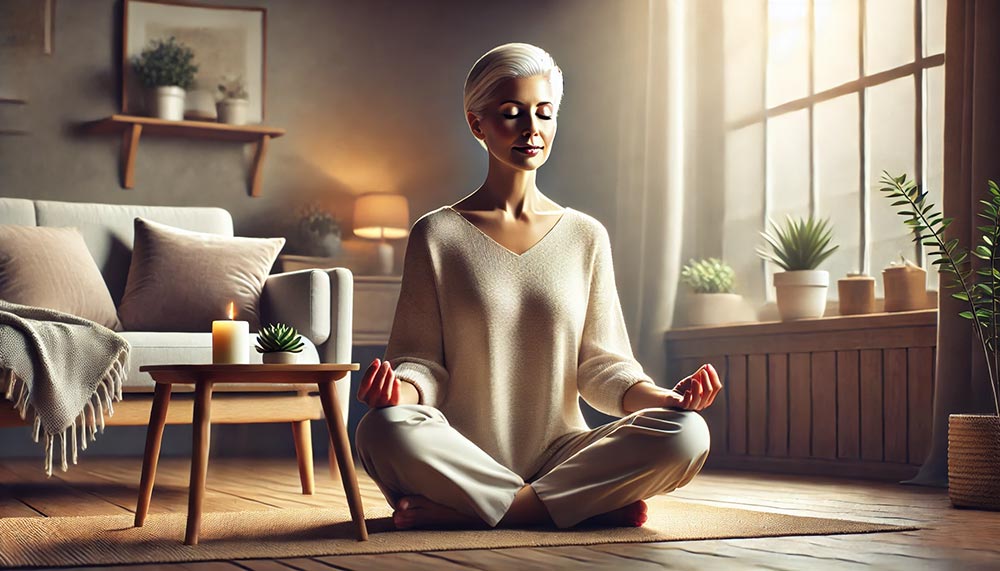 Femme de 55 ans ou plus assise sur le tapis de son salon et pratiquant la méditation en pleine conscience dans un cadre apaisant et se concentrant sur l'instant présent.