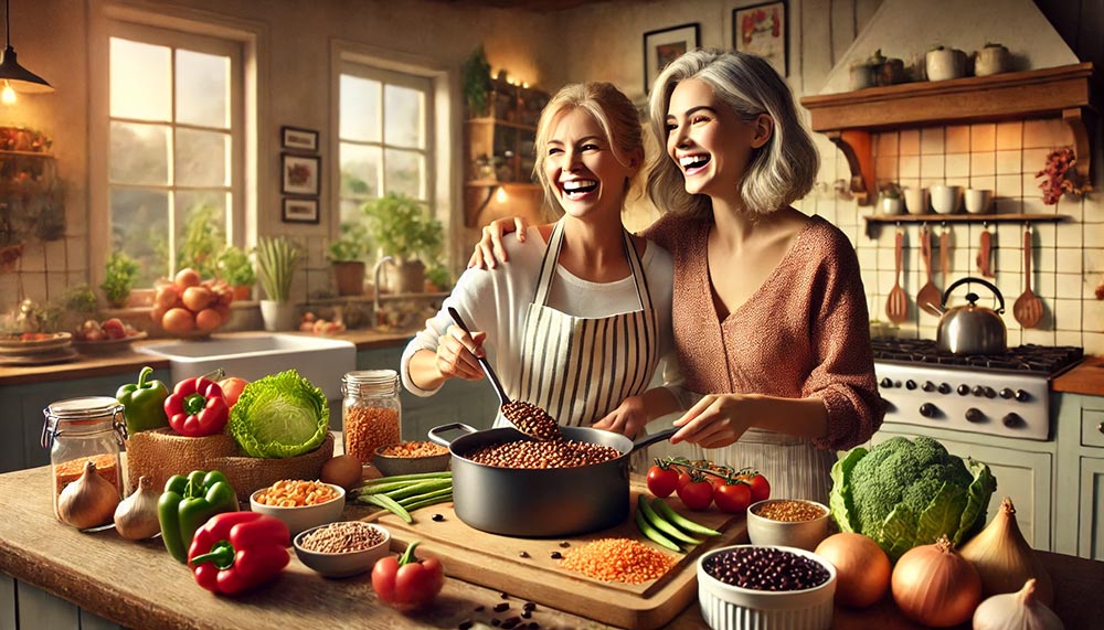 femme d'une cinquantaine d'années cuisinant avec sa fille dans une cuisine chaleureuse. Elles préparent des plats avec des légumineuses comme des lentilles et des haricots noirs, entourées de légumes frais. Cette illustration souligne l'importance d'incorporer des légumineuses dans des plats réconfortants et nutritifs.