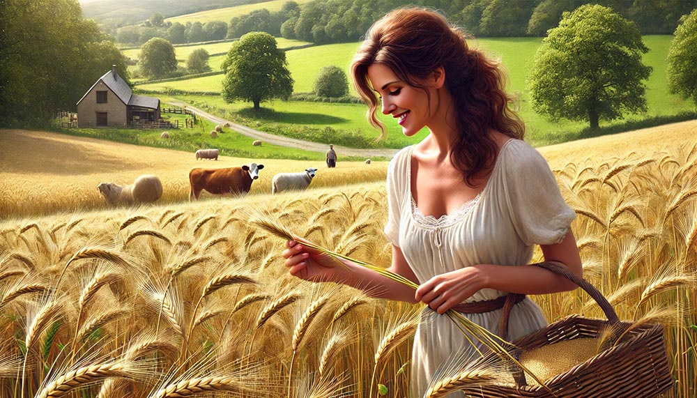Femme brune d'une cinquantaine d'années, vêtue d'une légère robe blanche dans un champ d'orge, cueillant un brin. Le paysage campagnard est verdoyant avec des arbres et quelques vaches et moutons au loin.