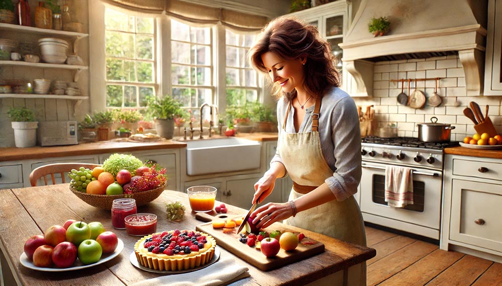 Une femme d'une cinquantaine d'années, en train de préparer un dessert à base de fruits dans une cuisine chaleureuse et lumineuse. Elle coupe des pommes et des baies sur une planche en bois, avec une salade de fruits en arrière-plan, une compote sur le feu et une pâte prête pour une tarte.