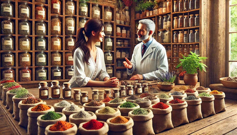 Belle femme brune d'une cinquantaine d'années dans la boutique d'un herboriste, recevant des conseils sur des épices. La boutique est remplie d'étagères en bois avec des bocaux colorés d'épices et d'herbes aromatiques, tandis que des sacs en toile jute remplis d'épices sont visibles au sol. Cette illustration met en avant l'importance d'utiliser des herbes et épices de qualité pour la préparation de plats réconfortants et sains.