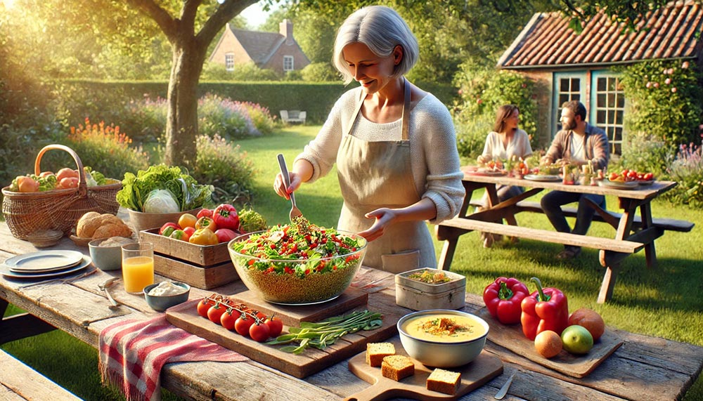 Une repas champêtre en plein air dans un jardin représentant une femme d'âge moyen préparant une salade de quinoa sur une table rustique. La table est garnie de plats colorés comprenant des légumes croquants, une soupe crémeuse avec des croûtons faits maison, et un pudding aux fruits. En arrière-plan, un jardin ensoleillé avec des arbres et des fleurs crée une atmosphère chaleureuse. Cette image évoque l'importance de jouer sur les textures pour des plats réconfortants et sains.