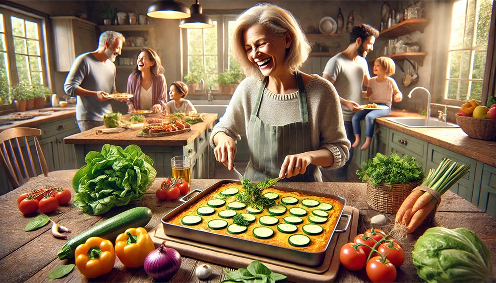 Scène de cuisine familiale où une femme de cinquante-cinq ans ajoute des légumes à une lasagne, entourée de sa famille. Des ingrédients colorés comme des courgettes et des épinards sont visibles, illustrant l'importance des légumes dans les plats réconfortants et nutritifs.