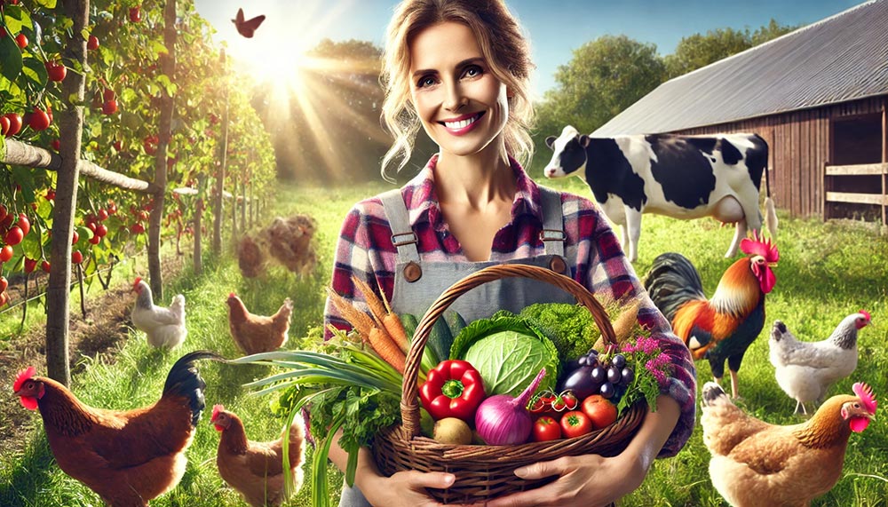 Agricultrice d'environ 45 ans tenant un panier rempli de fruits et légumes de saison de sa ferme, entourée de poules, d'un chien et d'une vache au loin. Cette illustration souligne l'importance d'utiliser des ingrédients frais et locaux.