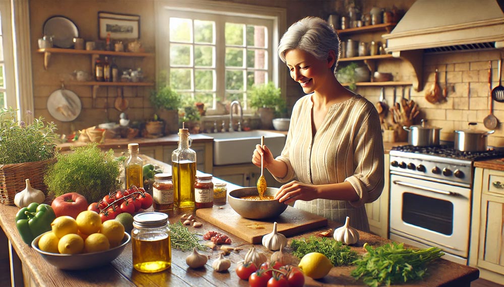 Une femme d'environ 55 ans prépare des marinades maison dans sa cuisine. Elle est entourée d'ingrédients frais comme de l'huile d'olive, des citrons, de l'ail et des herbes. Cette image illustre l'importance d'incorporer des marinades pour rehausser le goût de ses plats tout en maintenant une alimentation saine.