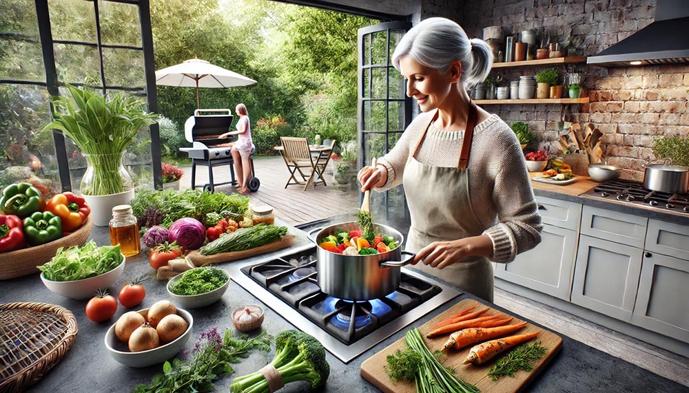 Femme d'environ cinquante ans cuisine des légumes colorés à la vapeur, illustrant l'importance de privilégier des méthodes de cuisson saines pour des plats réconfortants et nutritifs.