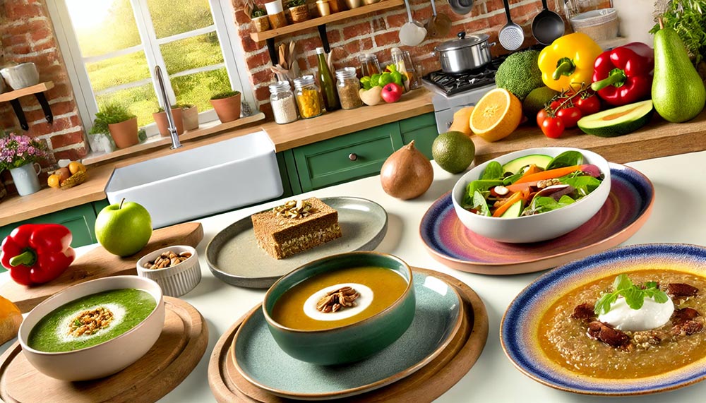 cuisine accueillante avec une variété de plats réconfortants et sains, comprenant une soupe de légumes, une salade avec des noix et de l'avocat, un plat de quinoa et un dessert aux fruits, mettant en avant des ingrédients de saison.