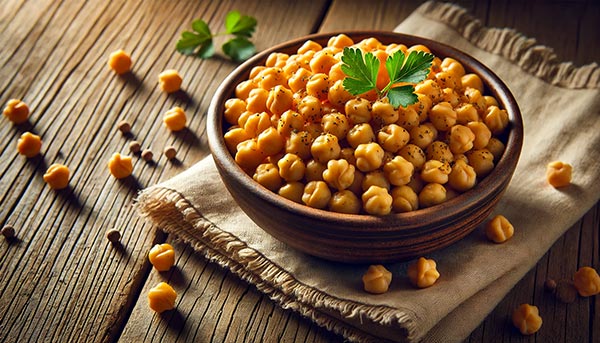 Bol de pois chiches cuits, garnis de quelques herbes fraîches, riches en protéines, fibres et fer, parfaits pour maintenir l’énergie et soutenir la vitalité.