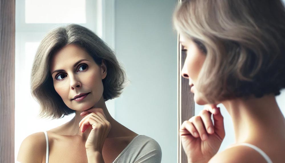 Femme d'âge mûr contemplant son reflet, symbolisant la prise de conscience des changements hormonaux et de leur impact sur la prise de poids avec l'âge.