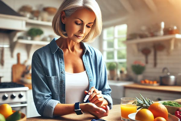 Femme de quarante ans mesurant des ingrédients dans sa cuisine, tout en surveillant ses niveaux de glucose avec un moniteur au poignet. Cette image illustre l'importance de la gestion du glucose et de la résistance à l'insuline pour éviter la prise de poids.