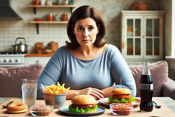 Une femme d'environ 45 ans, en surpoids, assise devant un repas riche en calories vides, comme des burgers et des sodas, s'interrogeant sur l'impact de ces aliments sur son poids.