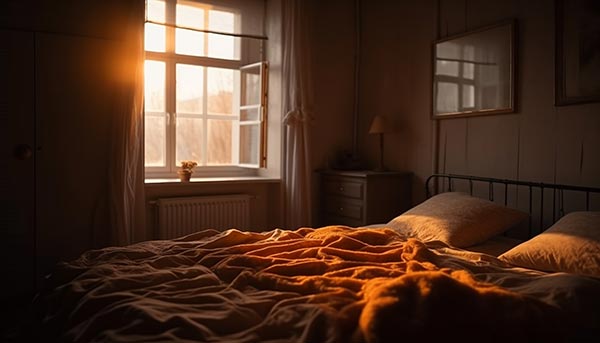 Chambre à coucher au coucher du soleil, illustrant l'importance de créer un environnement propice au sommeil avec une ambiance calme, sombre et fraîche pour améliorer la qualité du repos