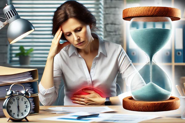 Femme d’âge moyen assise à son bureau, montrant des signes de stress. Le stress chronique contribue à la prise de poids abdominale, un phénomène courant avec l’âge.