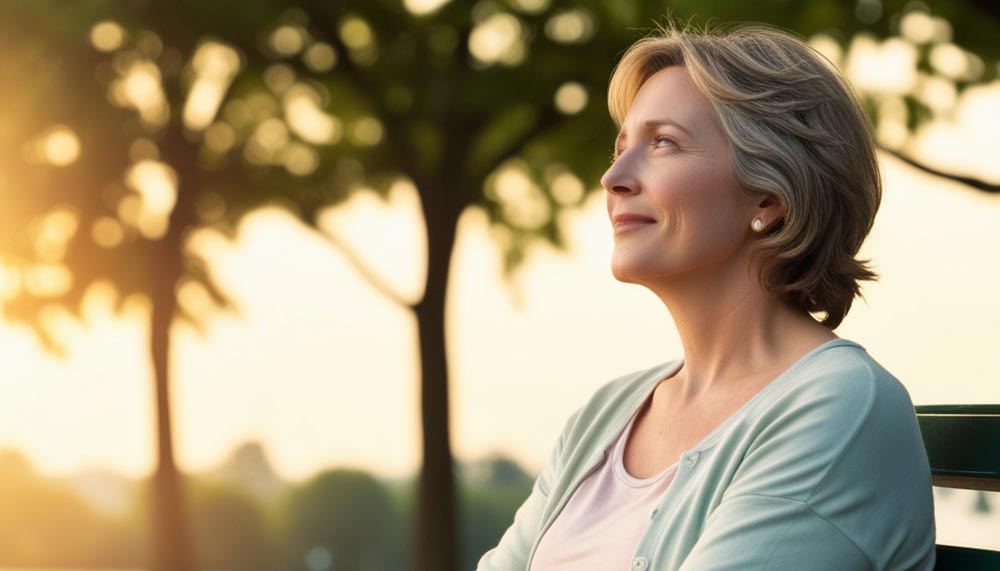 Femme sereine et souriante, illustrant la capacité à reprendre le contrôle de son poids et de sa santé, et à retrouver confiance en soi.