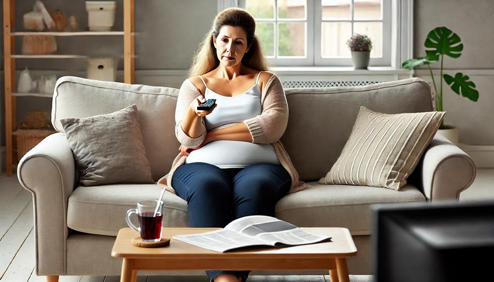 Femme en surpoids, assise sur un canapé avec une télécommande et une tasse de thé, illustrant l'impact de la sédentarité et du ralentissement du métabolisme sur la prise de poids avec l'âge.