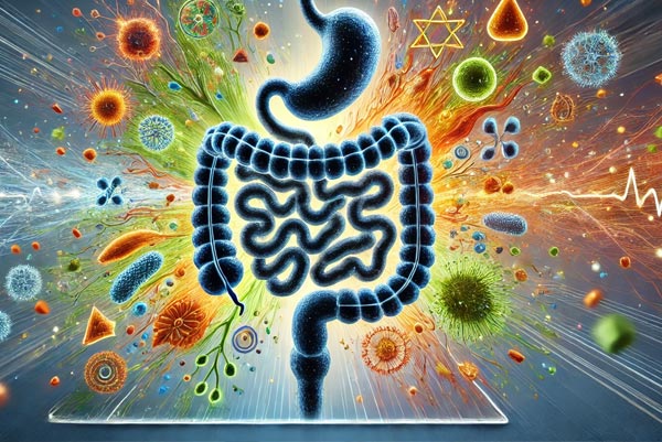 Illustration colorée et dynamique du système digestif, représentant le rôle clé du microbiote intestinal dans la gestion du poids et la digestion, particulièrement après 45 ans.