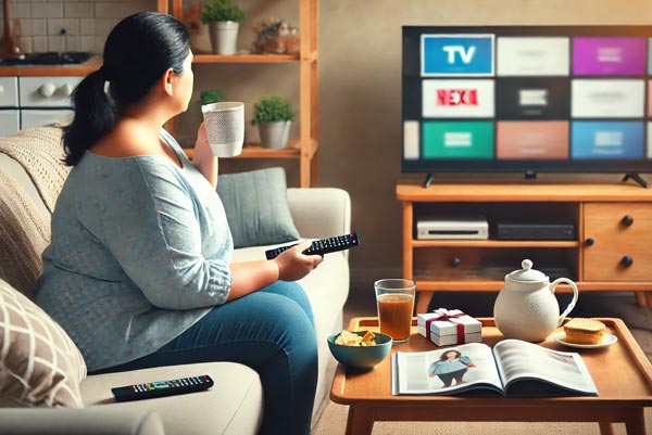 Femme d'environ 50 ans assise dans le canapé de son salon devant la télévision, la télécommande à la main. Devant elle, se trouvent une tasse de thé, une théière, de la nourriture et un magazine posés sur une table basse. Cette scène symbolise un mode de vie sédentaire.