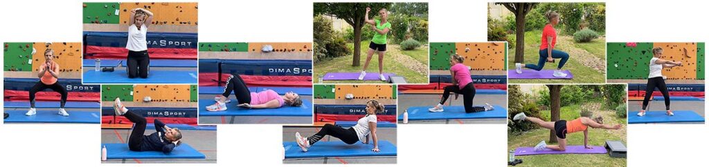 Montage d’exercices variés du programme « 21 jours pour booster ta FORME et ton ÉNERGIE » animé par Béa. Les exercices incluent des mouvements de renforcement musculaire, de souplesse et d'équilibre