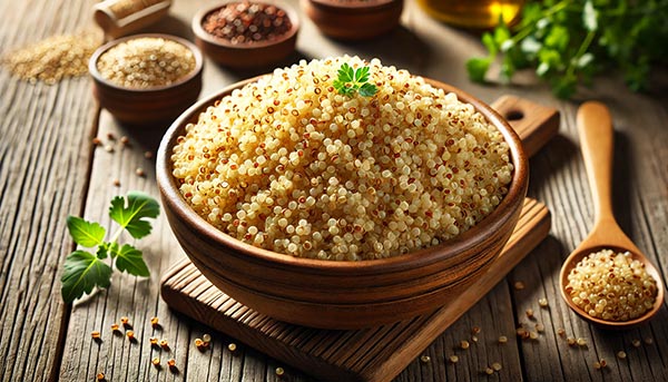 Un bol de quinoa cuit, léger et doré, garni de quelques herbes fraîches, offrant des protéines complètes et des glucides complexes pour une énergie prolongée et un soutien naturel de l’endurance.