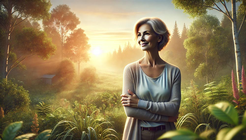 Femme de 55 ans profitant d'un moment de calme dans la nature au lever du soleil pour retrouver la motivation, se ressourcer et cultiver un état d'esprit positif pour avancer.