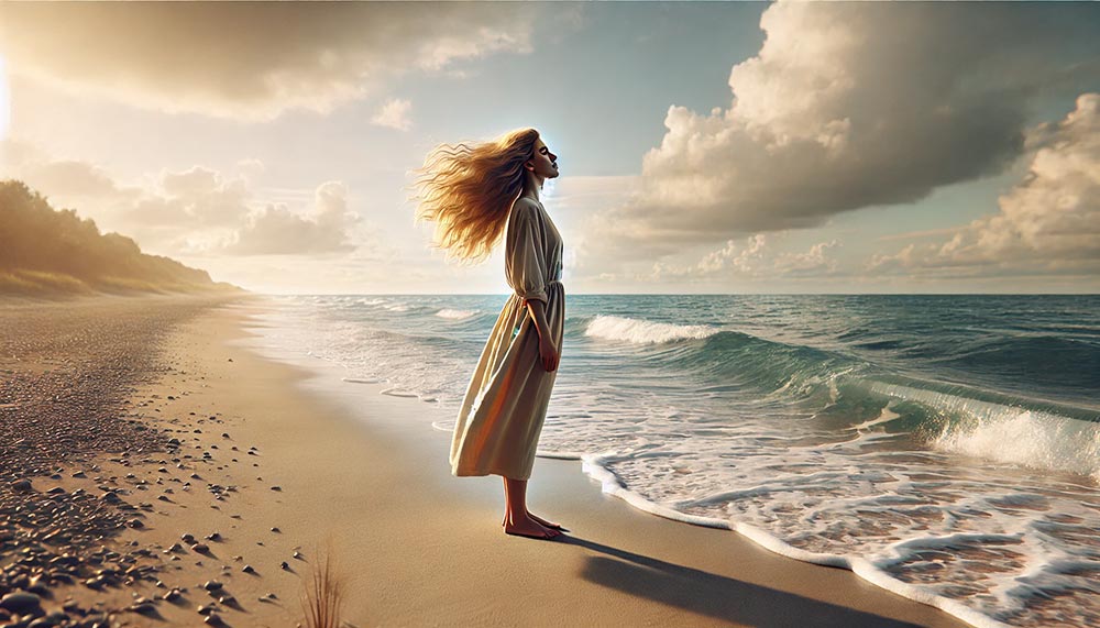 Femme blonde d'environ 45 ans, pieds nus dans le sable, cheveux longs au vent, debout face à la mer les yeux fermés pour un moment de paix et de connexion intérieure.