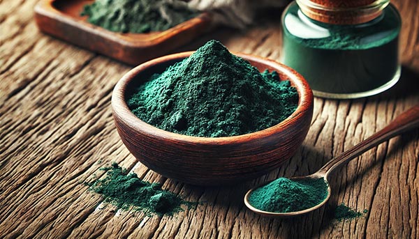 Un bol de poudre de spiruline d’un bleu-vert intense, riche en protéines et antioxydants, parfait pour une énergie durable et un soutien tonique au quotidien.