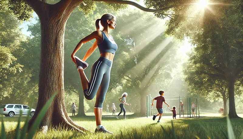 Femme de 50 ans en tenue de sport, s'étirant avec sa jambe sur un arbre dans un parc ensoleillé, avec des enfants jouant en arrière-plan : Une approche saine pour gérer les changements de la ménopause.