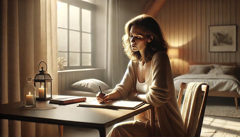 Femme de 45 ans assise dans une pièce calme et lumineuse, concentrée sur son carnet pour organiser ses pensées. La lumière naturelle venant de la fenêtre crée une ambiance apaisante, soulignant l’importance de s’accorder un créneau quotidien pour clarifier ses préoccupations.