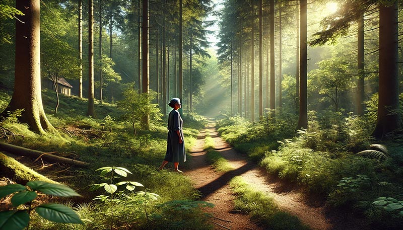 Femme de 45 ans marchant dans une forêt luxuriante, baignée de doux rayons de soleil filtrant à travers les branches. Elle avance calmement, son expression méditative reflétant un moment de réflexion et d’introspection. Cette scène illustre la méthode de questionner ses pensées pour calmer l’esprit, une des clés de "Comment arrêter de trop penser ? Les 4 clés !". En se promenant dans cet environnement serein, elle trouve la clarté mentale et apprend à relativiser ses pensées négatives, ce qui contribue à apaiser les ruminations et à favoriser un état d’esprit plus serein et confiant.