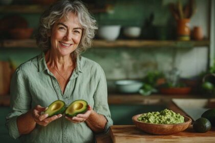 Femme de 55 ou 60 ans avec de beau cheveux longs et gris et un grand sourire dans sa cuisine, transformant des avocats trop mûrs en délices culinaires, un geste anti-gaspi et écoresponsable.