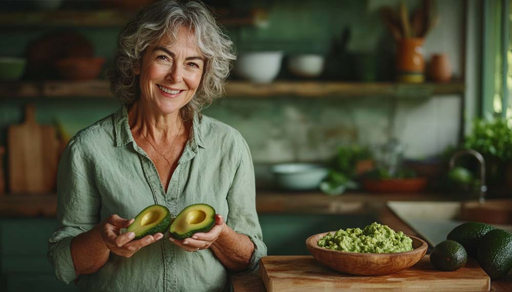 Femme de 55 ou 60 ans avec de beau cheveux longs et gris et un grand sourire dans sa cuisine, transformant des avocats trop mûrs en délices culinaires, un geste anti-gaspi et écoresponsable.
