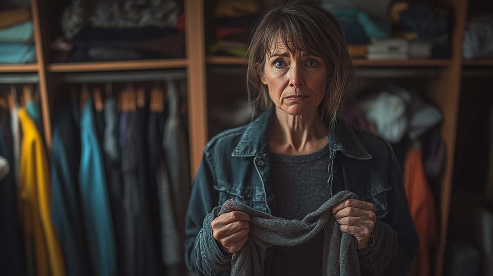 Une femme de 50 ans, submergée par ses pensées, tenant un vêtement avec un regard inquiet dans une garde-robe encombrée. Cette image illustre l'impact de l'autocritique et l'importance d'apprendre à être bienveillante envers soi-même pour surmonter les émotions négatives et retrouver confiance et sérénité.