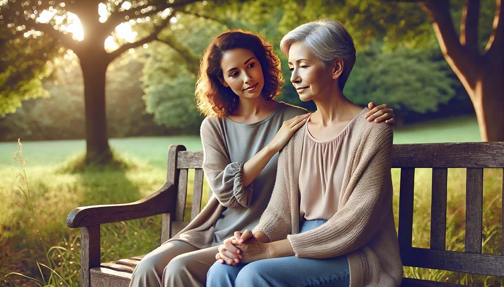 Deux femmes d'environ 50 ans assises sur un banc dans un parc, l'une posant une main bienveillante sur l'épaule de l'autre.