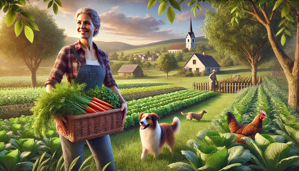 Agricultrice dans la cinquantaine tenant un panier de légumes fraîchement récoltés, dans son champ soulignant les bienfaits d’une alimentation locale et saine. En arrière-plan, un village avec une église, 