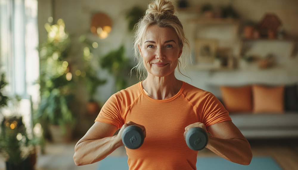 Femme de 55 ou 60 ans, avec une silhouette et une musculature normale, soulève de petits haltères dans son salon entourée d'un canapé, de plantes d'intérieur et d'une lumière naturelle douce entrant par une fenêtre. L'image illustre les bienfaits de la musculation pour les femmes, en montrant une approche accessible et réaliste dans un cadre confortable à la maison.