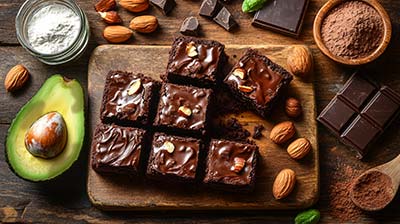 Carrés de brownie au chocolat préparés avec de l’avocat, posés sur une planche en bois rustique. La surface est brillante et fondante, décorée de morceaux de noix et de chocolat. Autour, des ingrédients frais comme un avocat trop mûr, une tablette de chocolat, un bol de farine et un pot de sucre