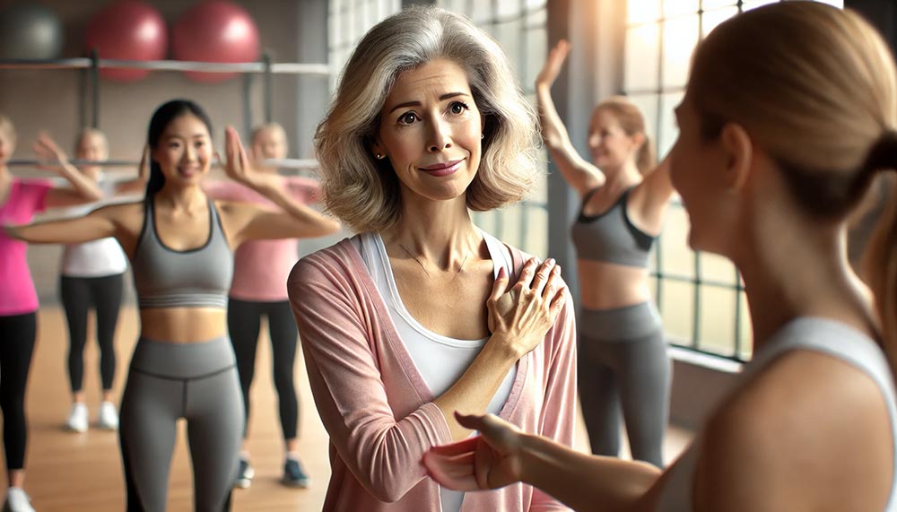 Une femme d'environ 60 ans, le visage empreint de tristesse, salue sa professeure de fitness dans une salle de sport. La professeure lui sourit avec empathie, tandis que d'autres femmes s'entraînent en arrière-plan. L'important est de trouver des réponses authentiques à "ça va bien" pour rester fidèle à soi-même, même les jours difficiles.