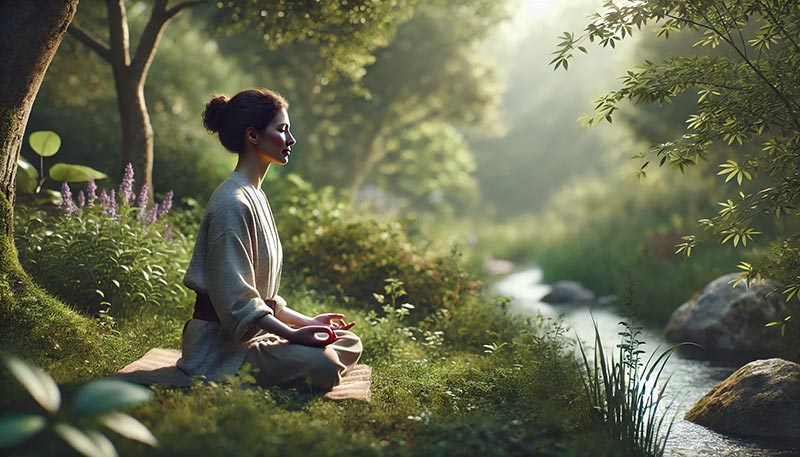 Femme d'environ 50 ans pratiquant la pleine conscience, assise en méditation dans un cadre naturel serein, entourée de verdure. La scène évoque une atmosphère de calme, illustrant parfaitement comment arrêter de trop penser grâce à des techniques de relaxation et de concentration sur l’instant présent.