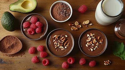 Ramequins de crème dessert au chocolat réalisée avec de l’avocat, garnis de framboises fraîches, de copeaux de chocolat noir, et d’éclats de noisette. Autour des ramequins, des ingrédients comme un avocat trop mûr, du cacao en poudre, du miel et une bouteille de lait végétal, présentés sur une table en bois rustique