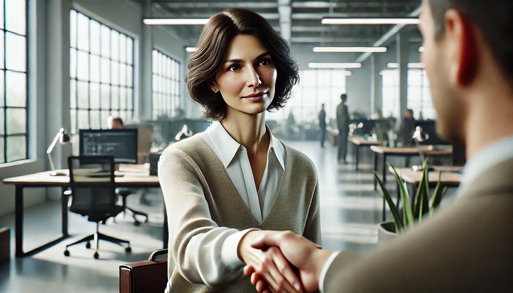Une femme brune dans la cinquantaine, tendant la main droite pour saluer un collègue au bureau, avec un regard triste. Son expression et son geste symbolisent la sincérité et la résilience.