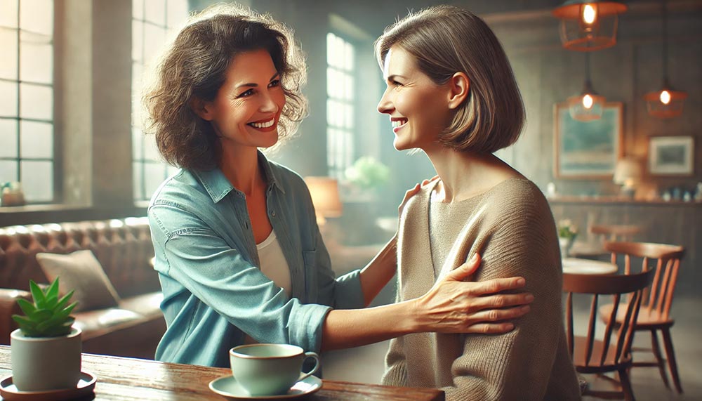 Deux femmes autour de la cinquantaine se saluent chaleureusement dans un café à l'intérieur cosy. L'une regarde l'autre avec un sourire bienveillant. Exprime-toi avec sincérité quand on te demande "ça va bien" et choisis les mots justes pour rester authentique.