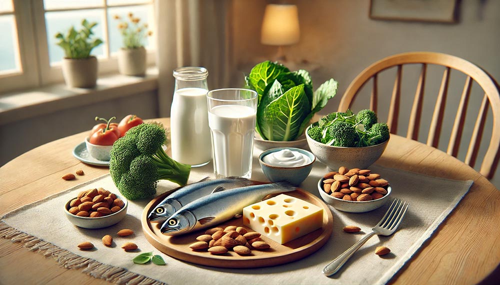 Un plan de travail en bois accueillant une sélection d'aliments riches en calcium, dont du lait, des légumes verts, des amandes, du fromage, du yaourt et des sardines.