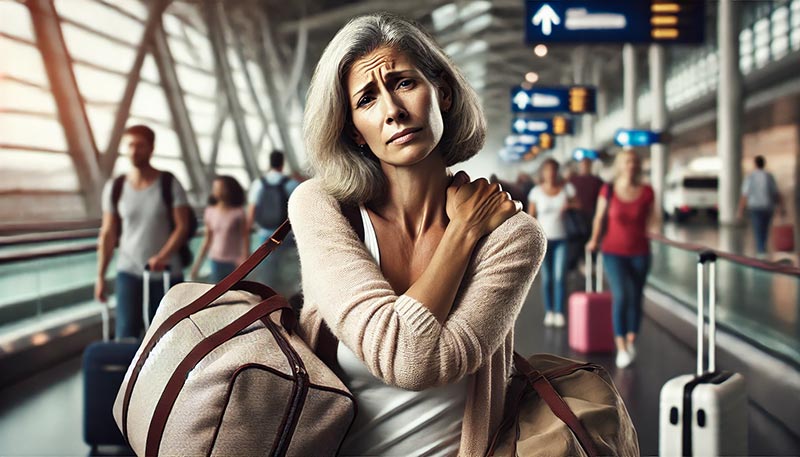 Femme de 50 ans souffrant de douleurs aux épaules et au cou en portant des bagages lourds dans un aéroport animé.