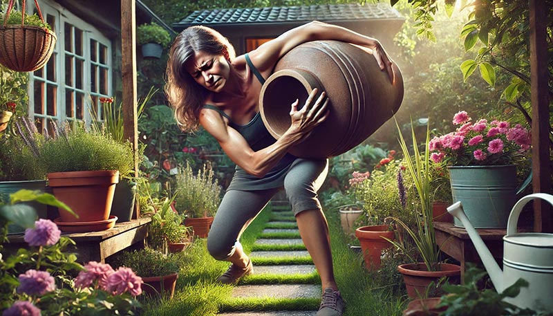 Femme de 50 ans dans son jardin, tentant de soulever un pot de fleurs très lourd, montrant une tension visible sur ses épaules et son dos.