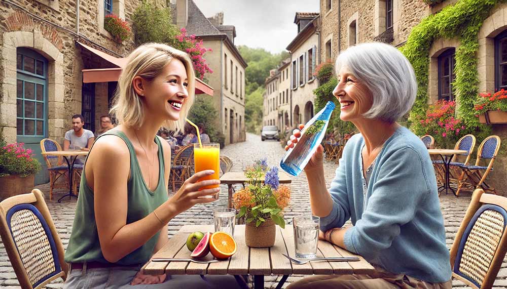 Deux femmes assises à la terrasse d’un café en France. L’une d'environ 40 ans boit un jus de fruits, tandis que l’autre de 55 ans, souriante, choisit une bouteille d’eau, illustrant le contraste entre les bienfaits de l’eau et les boissons sucrées.