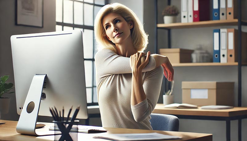 Femme blonde de 50 ans s'étirant au bureau pour prévenir les douleurs aux épaules et au cou.