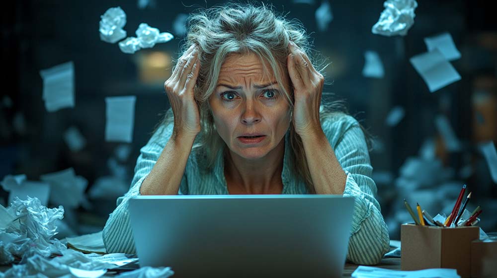 Une femme stressée et submergée devant son ordinateur, entourée de feuilles éparpillées, symbolisant le manque de bienveillance envers soi-même. Cette image illustre l'importance d'apaiser l'autocritique et d'adopter une attitude bienveillante pour retrouver calme et équilibre émotionnel.